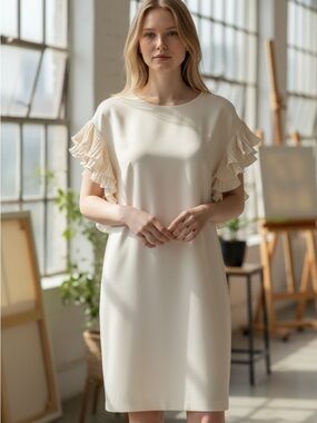 CeCe Cream Shift Dress with Pleated Ruffle Sleeves